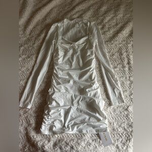 White Long Sleeve Bodycon Mini Dress Sweetheart Neck Ruched